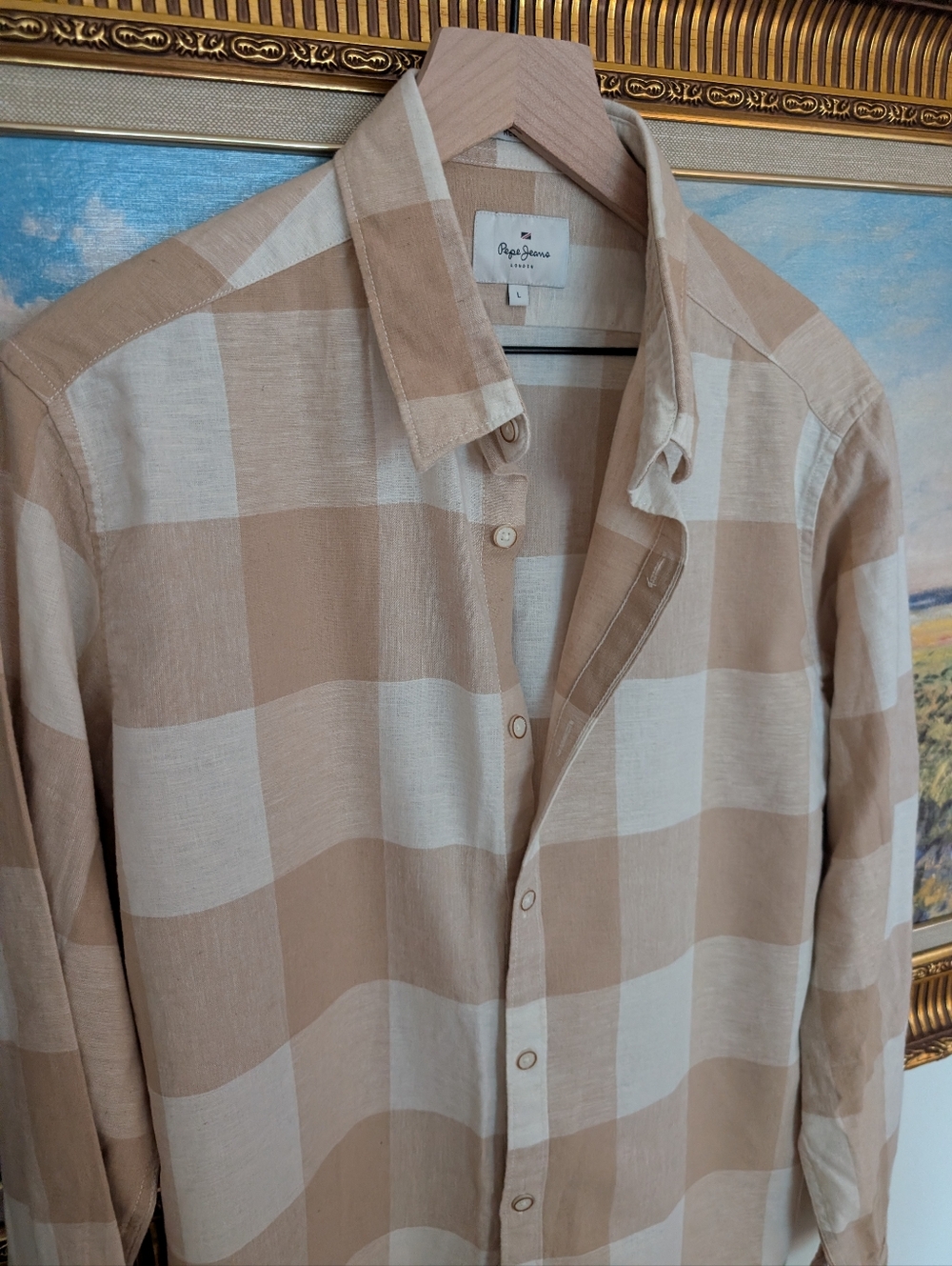 Pepe Jeans Linen Beige and Cream Checked Button-Up Shirt